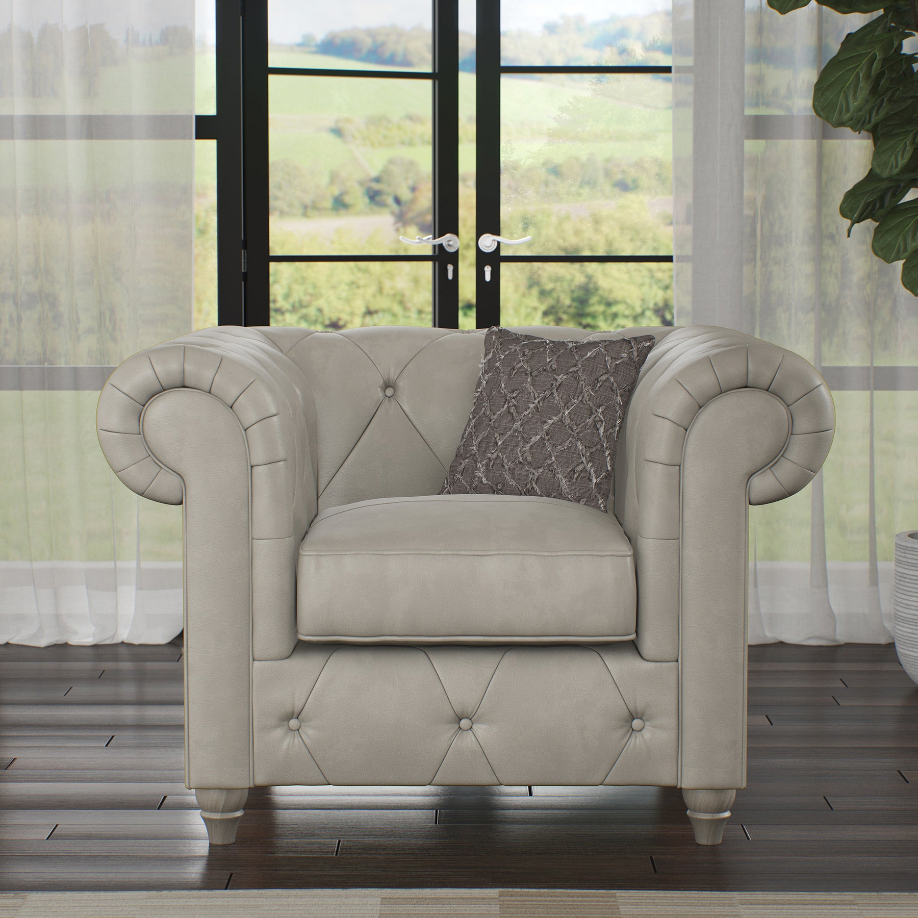 Everett Leather Armchair Cloud Grey Washed Oak Feet from Roseland Furniture