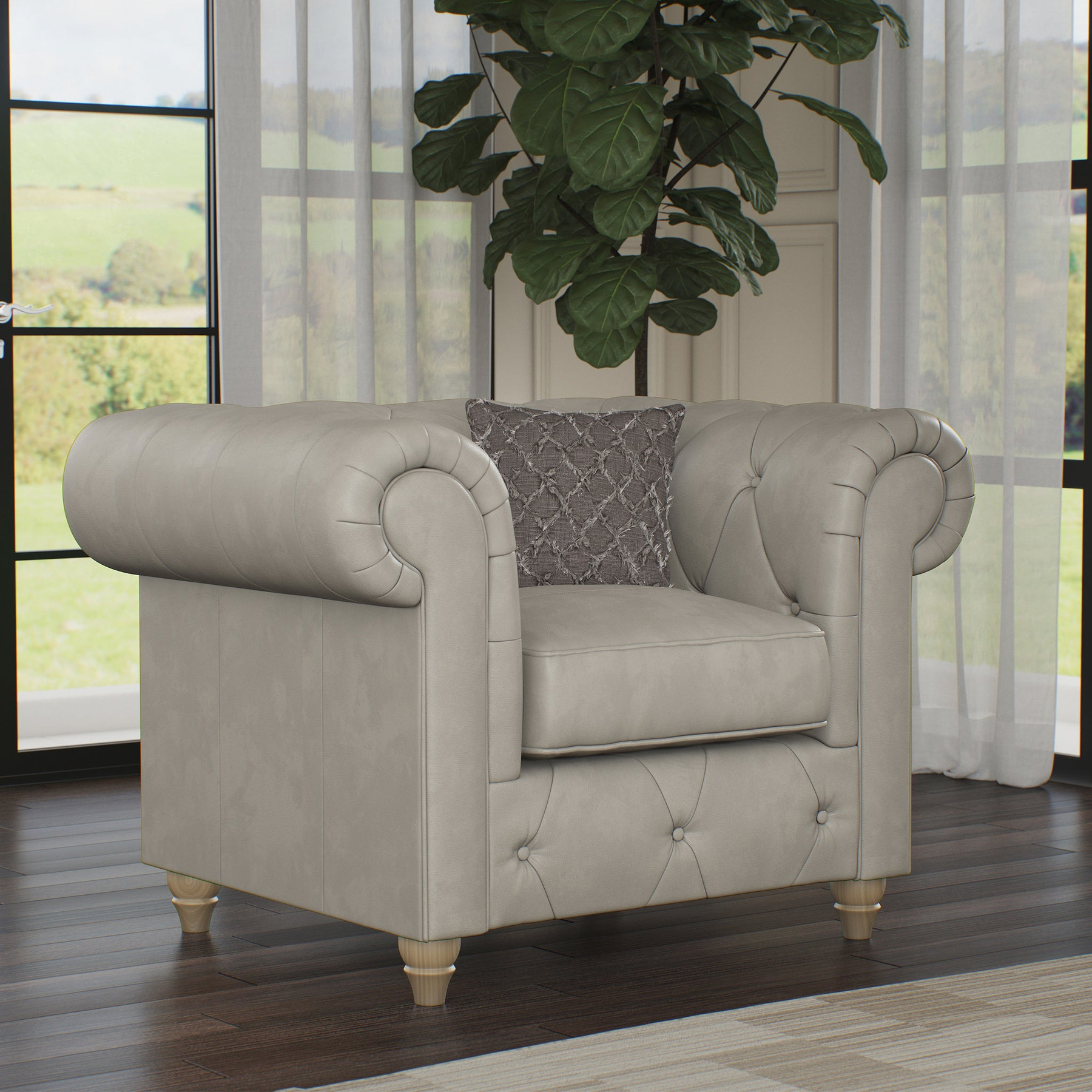 Everett Leather Armchair Cloud Grey Walnut Feet from Roseland Furniture
