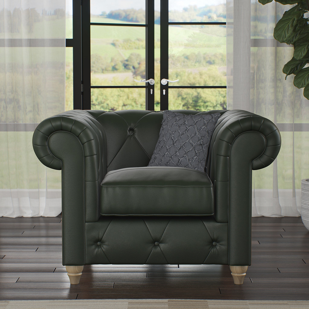 Everett Leather Armchair Green Walnut Feet from Roseland Furniture