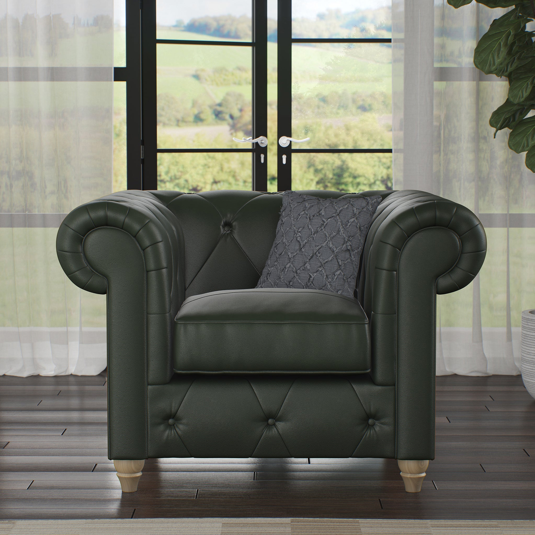 Everett Leather Armchair Green Walnut Feet from Roseland Furniture