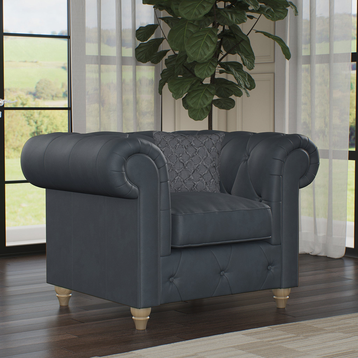 Everett Leather Armchair Navy Walnut Feet from Roseland Furniture