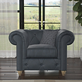 Everett Leather Armchair Navy Walnut Feet from Roseland Furniture