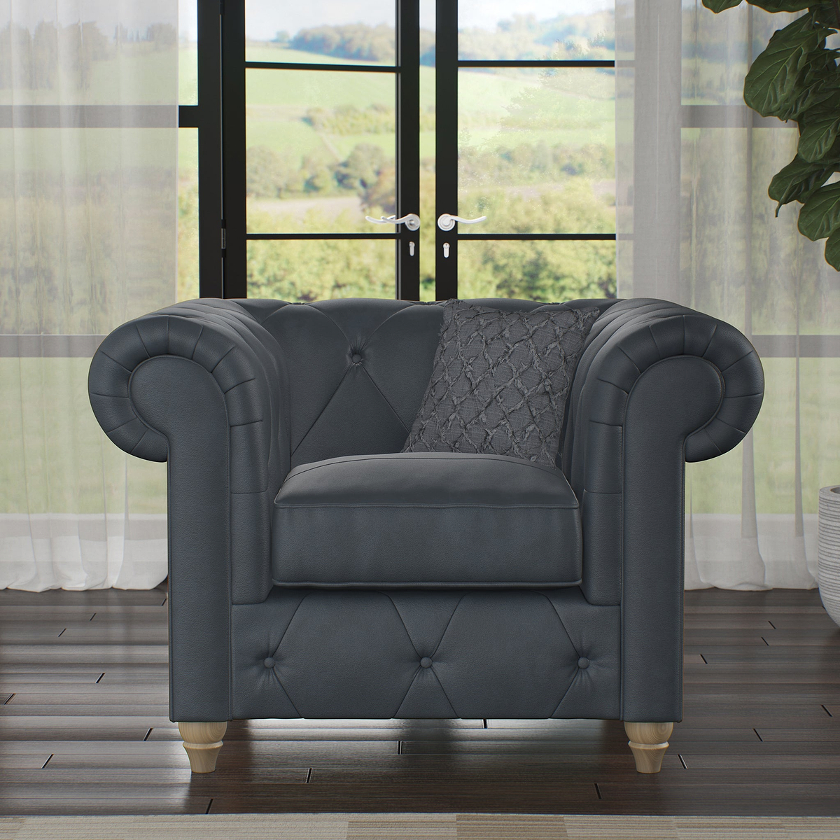 Everett Leather Armchair Navy Walnut Feet from Roseland Furniture