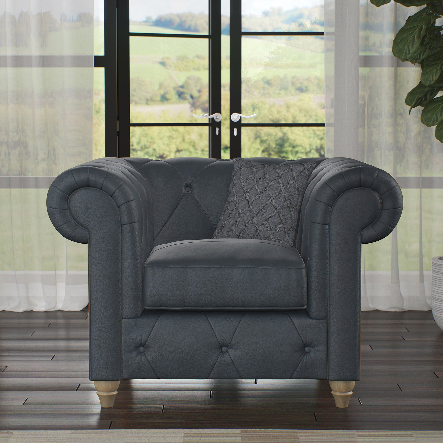 Everett Leather Armchair Navy Walnut Feet from Roseland Furniture