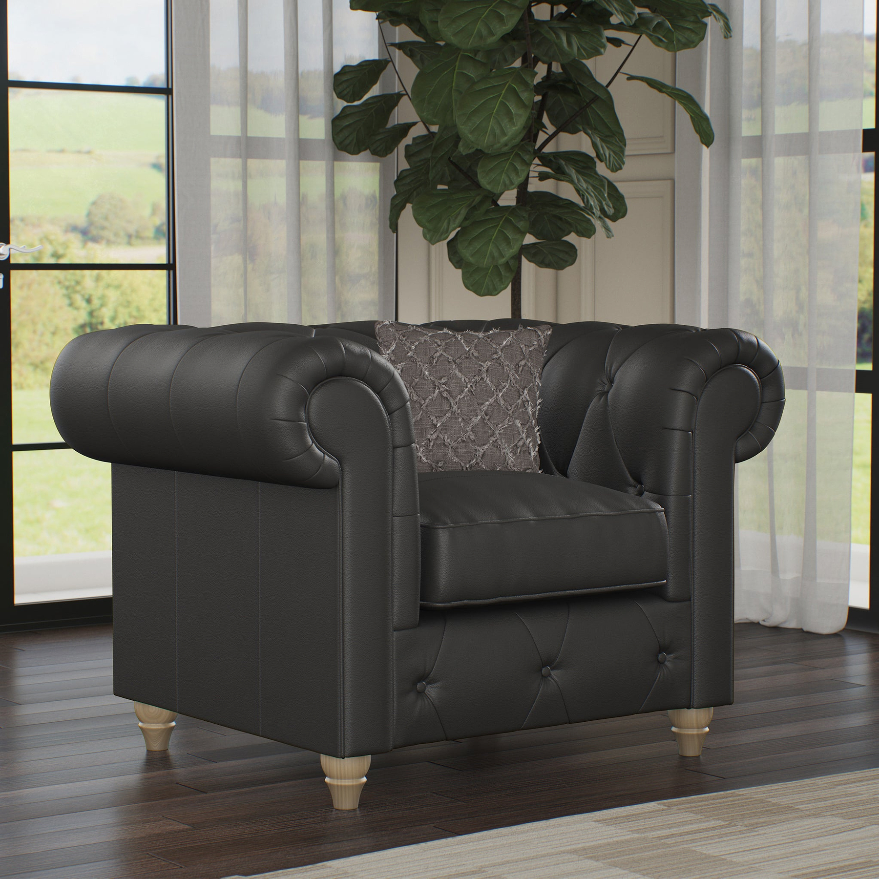 Everett Leather Armchair Raven Walnut Feet from Roseland Furniture