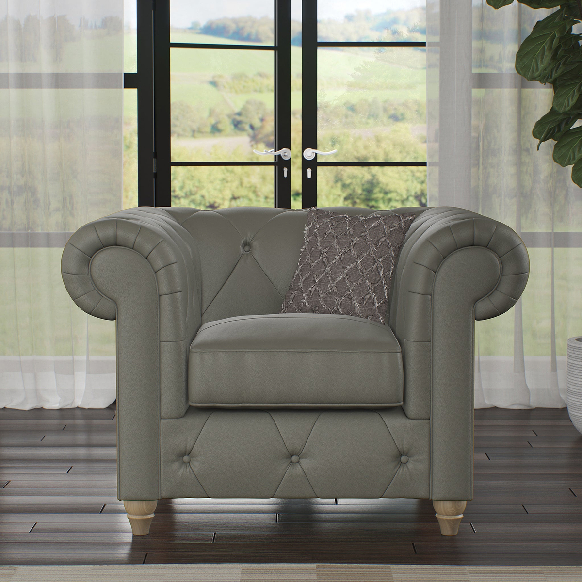 Everett Leather Armchair Stone Grey Walnut Feet from Roseland Furniture