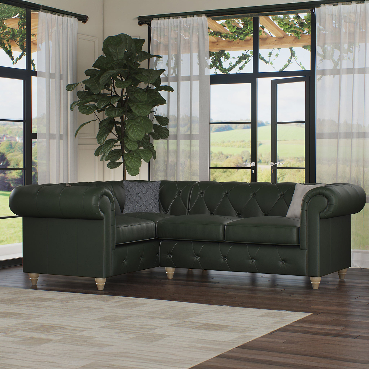 Everett Leather LH Corner Sofa Green Walnut Feet