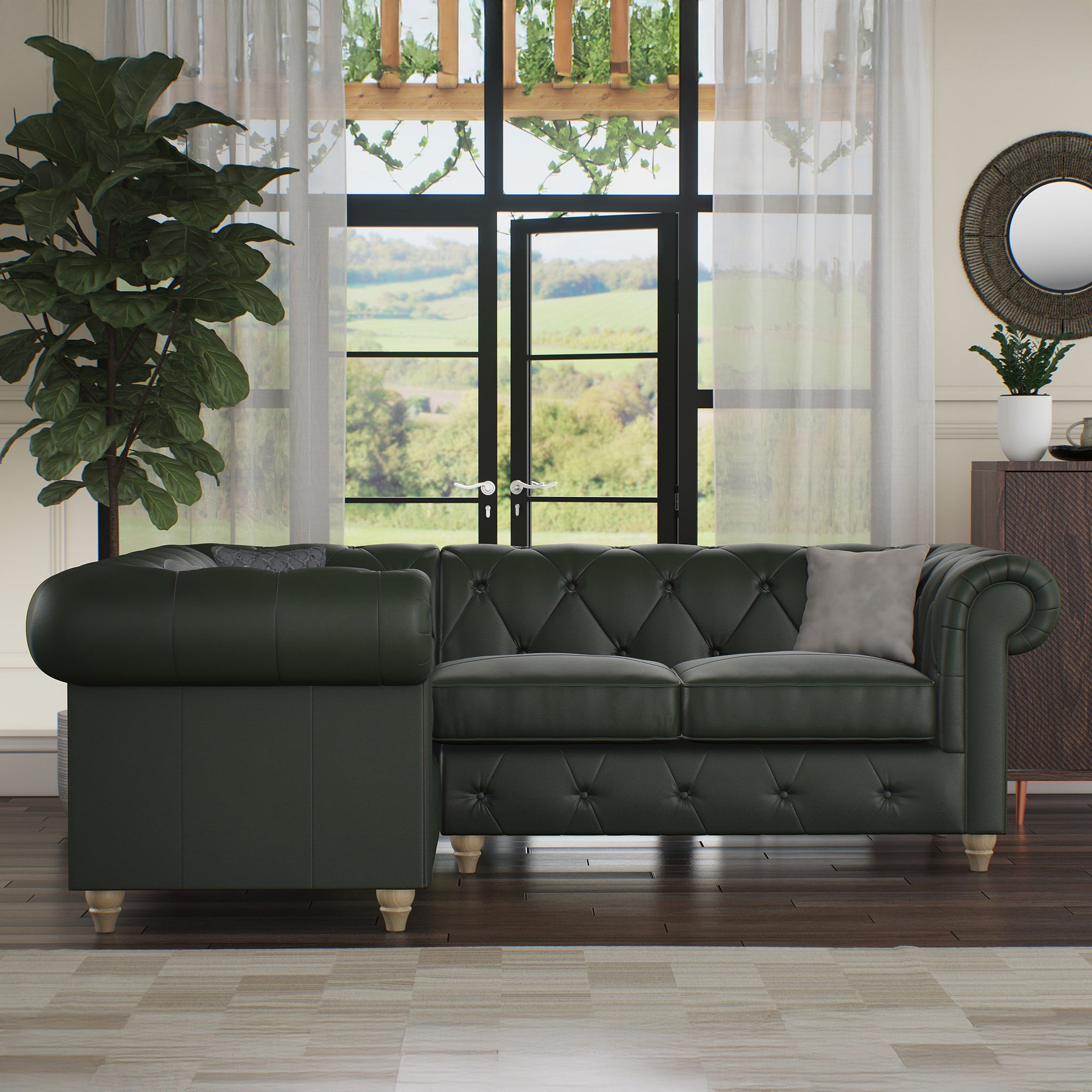 Everett Leather LH Corner Sofa Green Walnut Feet