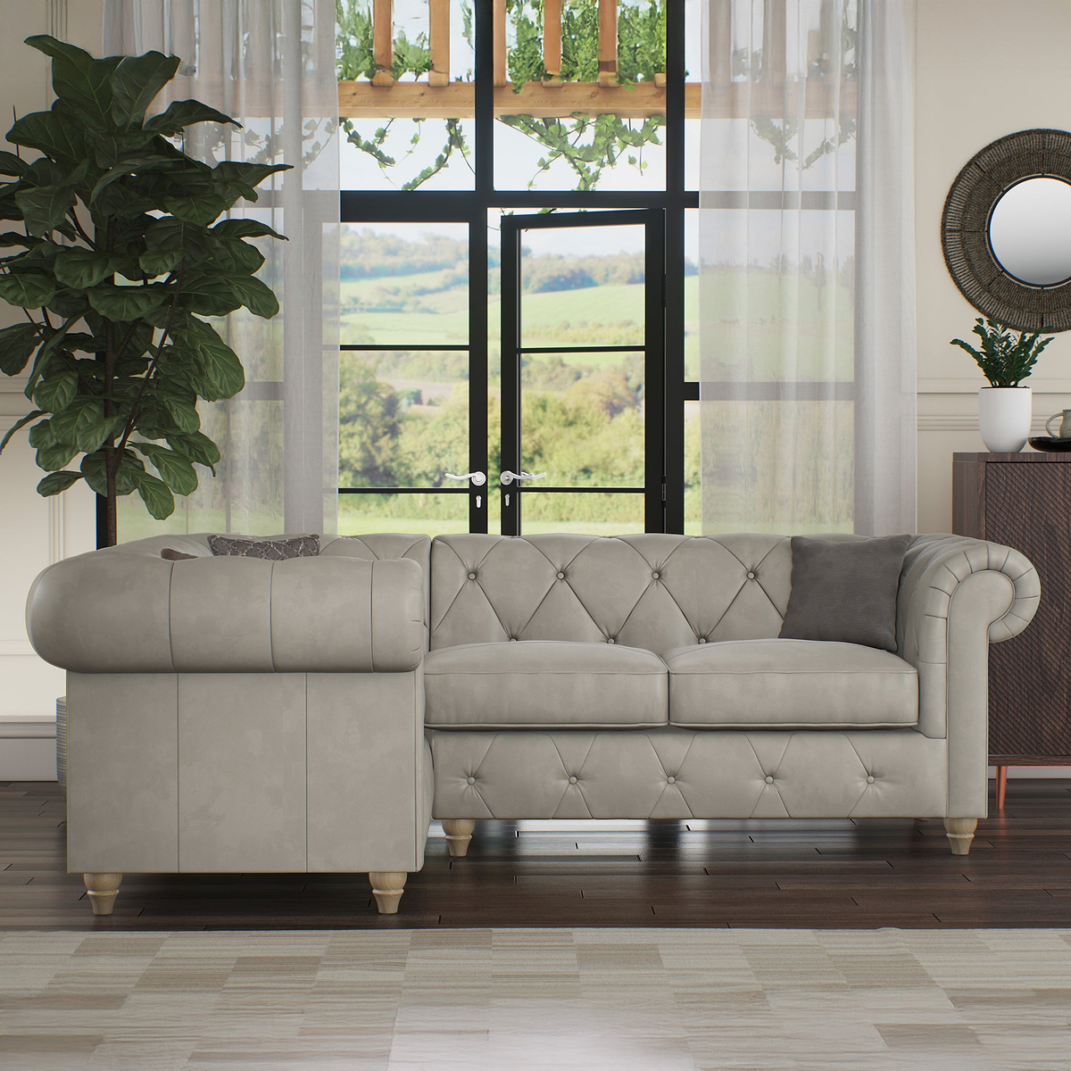 Everett LH Leather Corner Sofa Cloud Walnut Feet from Roseland Furniture