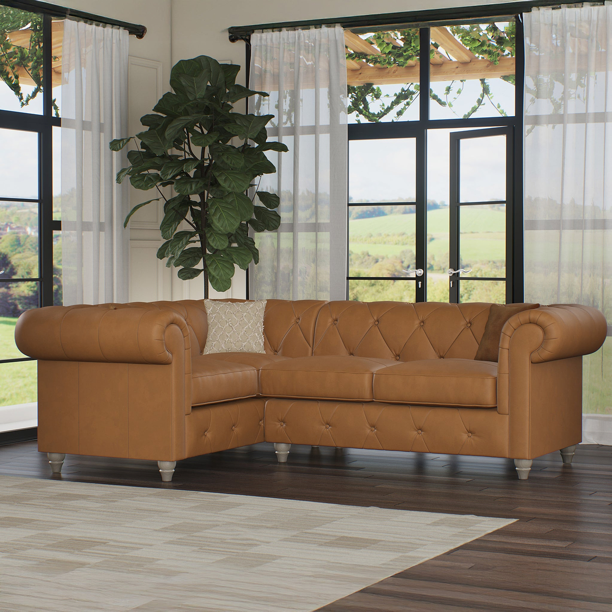 Everett LH Leather Corner Sofa Saddle Washed Feet from Roseland Furniture