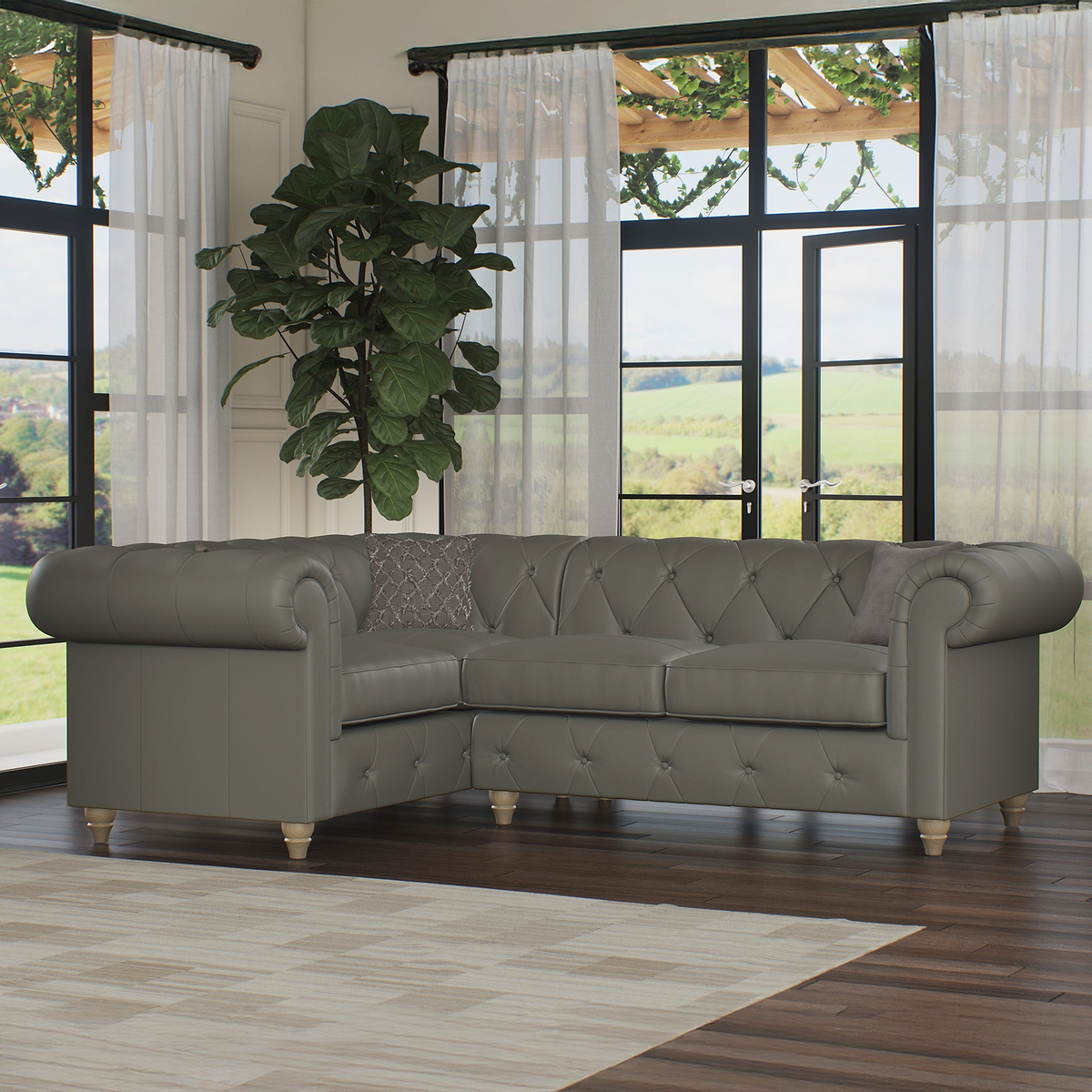 Everett LH Leather Corner Sofa Stone Grey Walnut Feet from Roseland Furniture