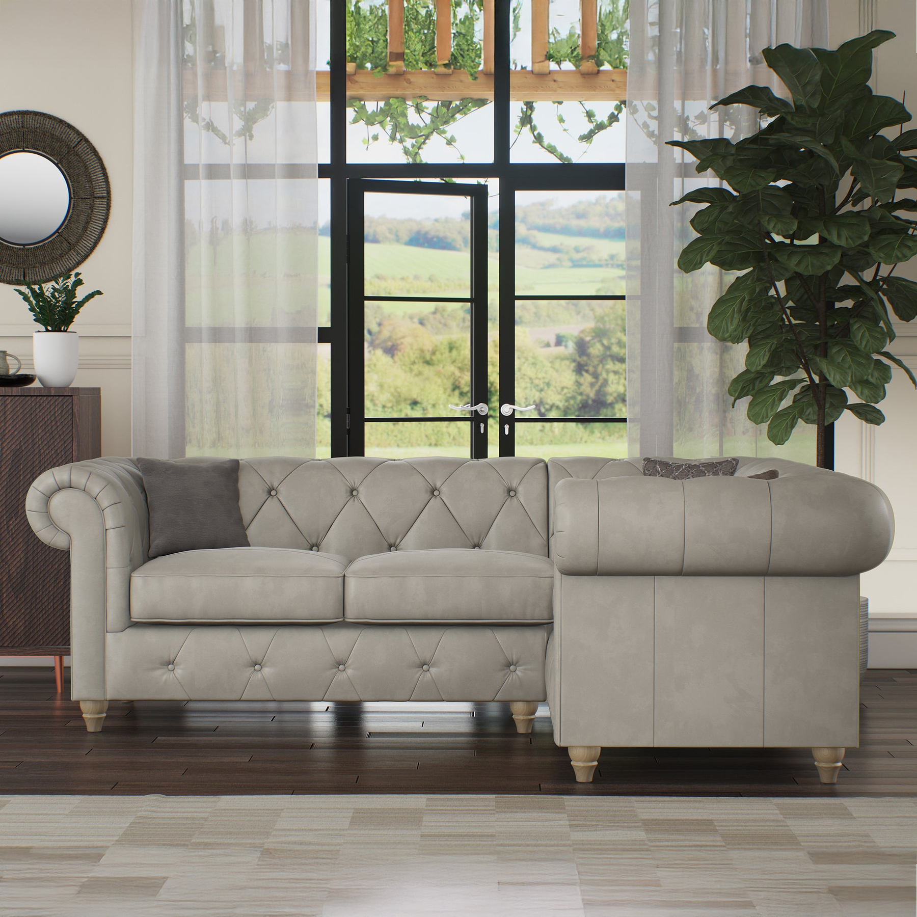 Everett RH Leather Corner Sofa Cloud Walnut Feet from Roseland Furniture