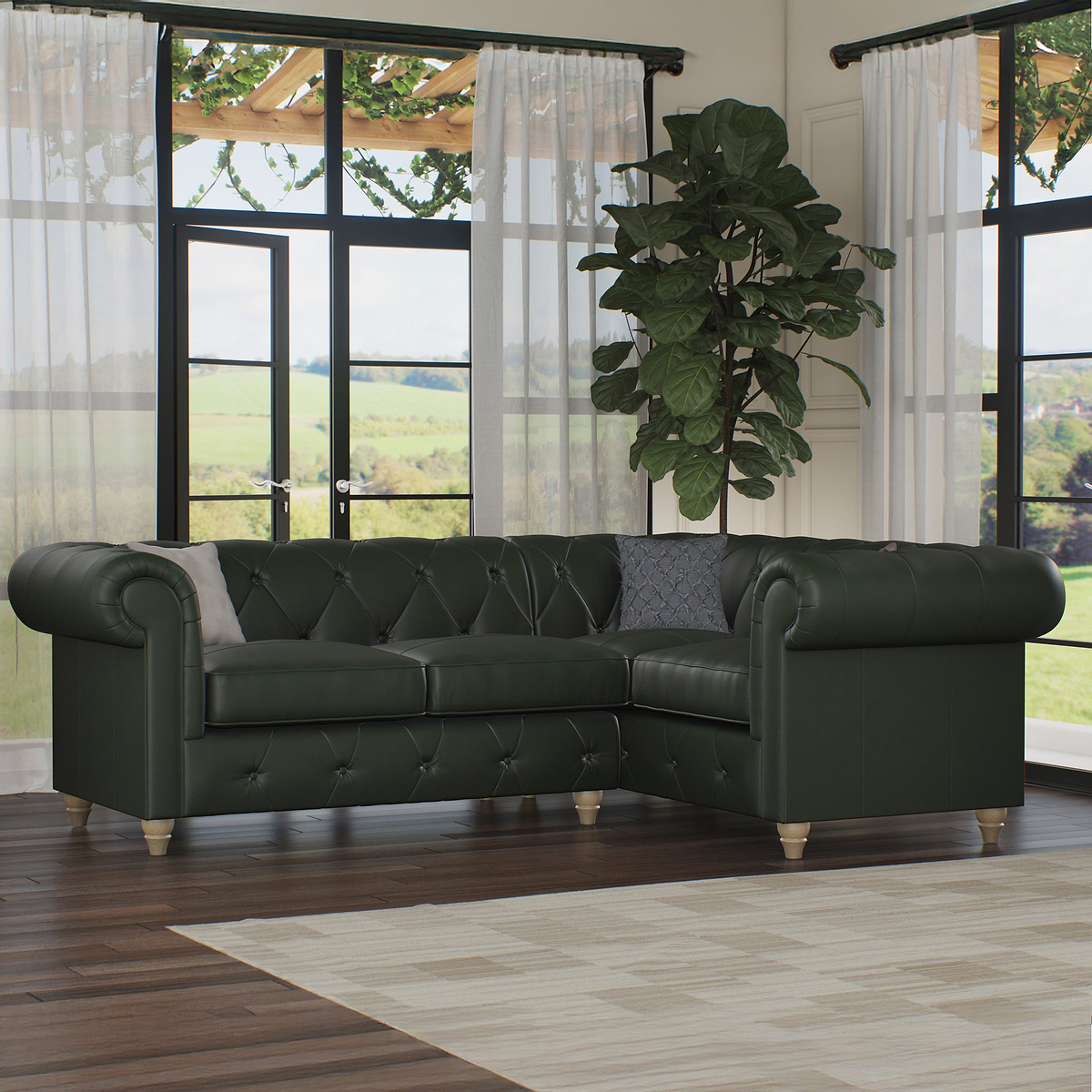 Everett RH Leather Corner Sofa Green Walnut Feet from Roseland Furniture