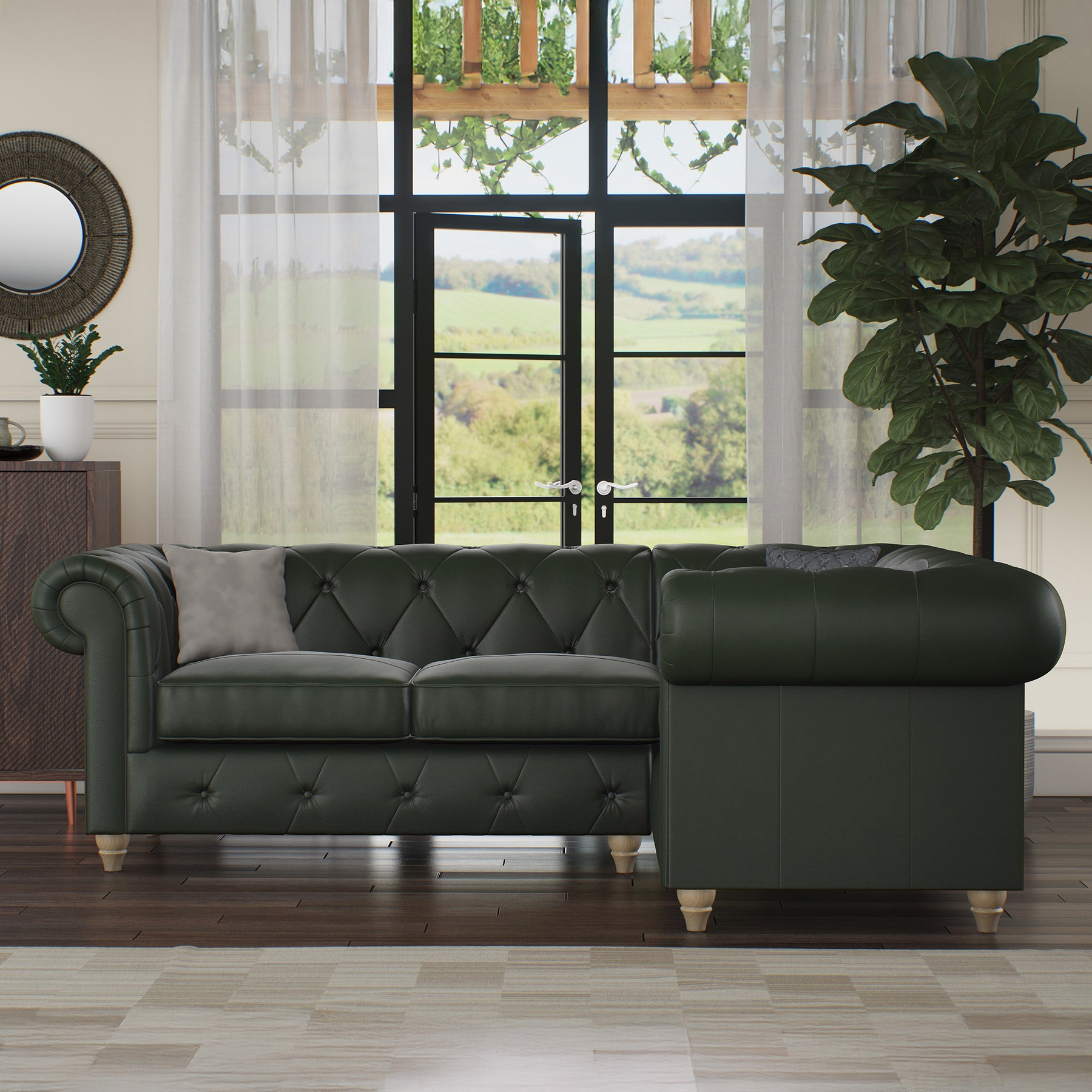 Everett RH Leather Corner Sofa Green Walnut Feet from Roseland Furniture