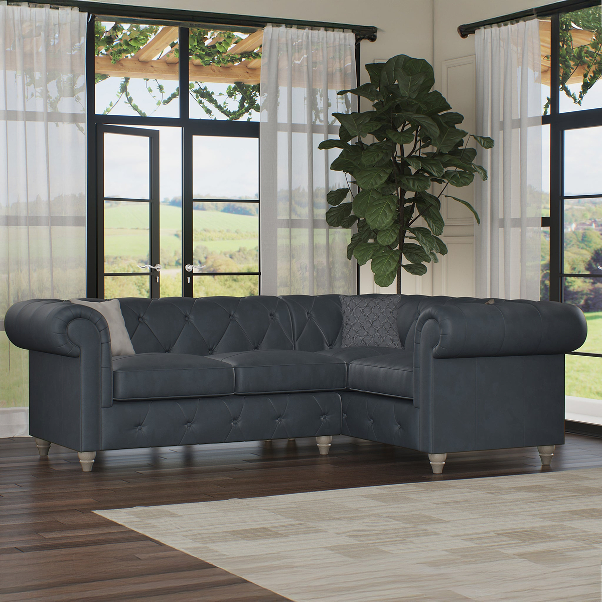 Everett RH Leather Corner Sofa Navy Washed Feet from Roseland Furniture