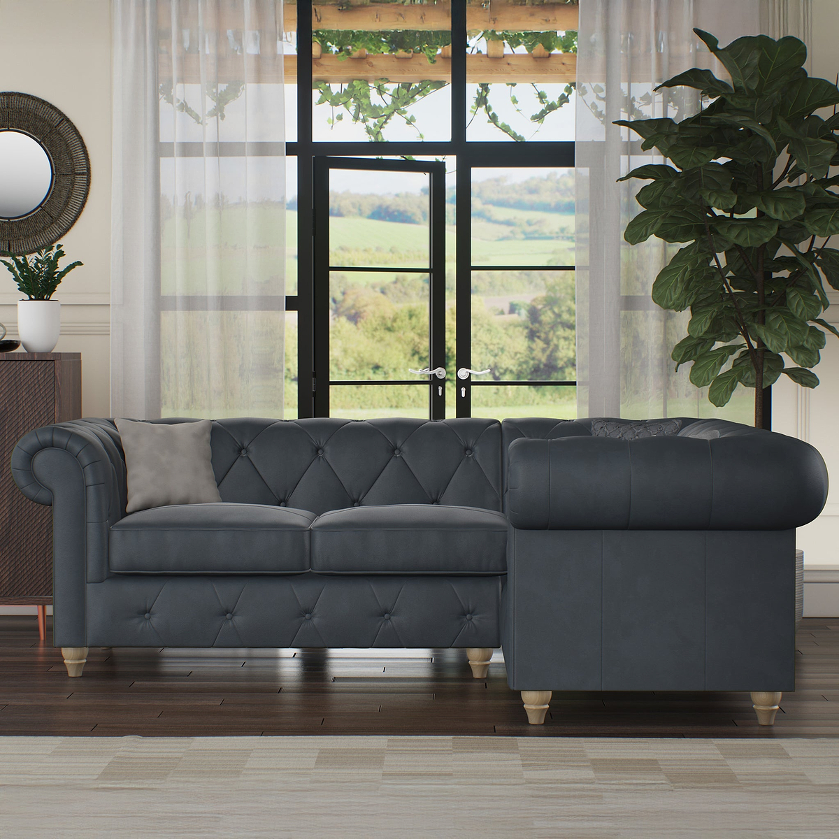 Everett RH Leather Corner Sofa Navy Walnut Feet from Roseland Furniture