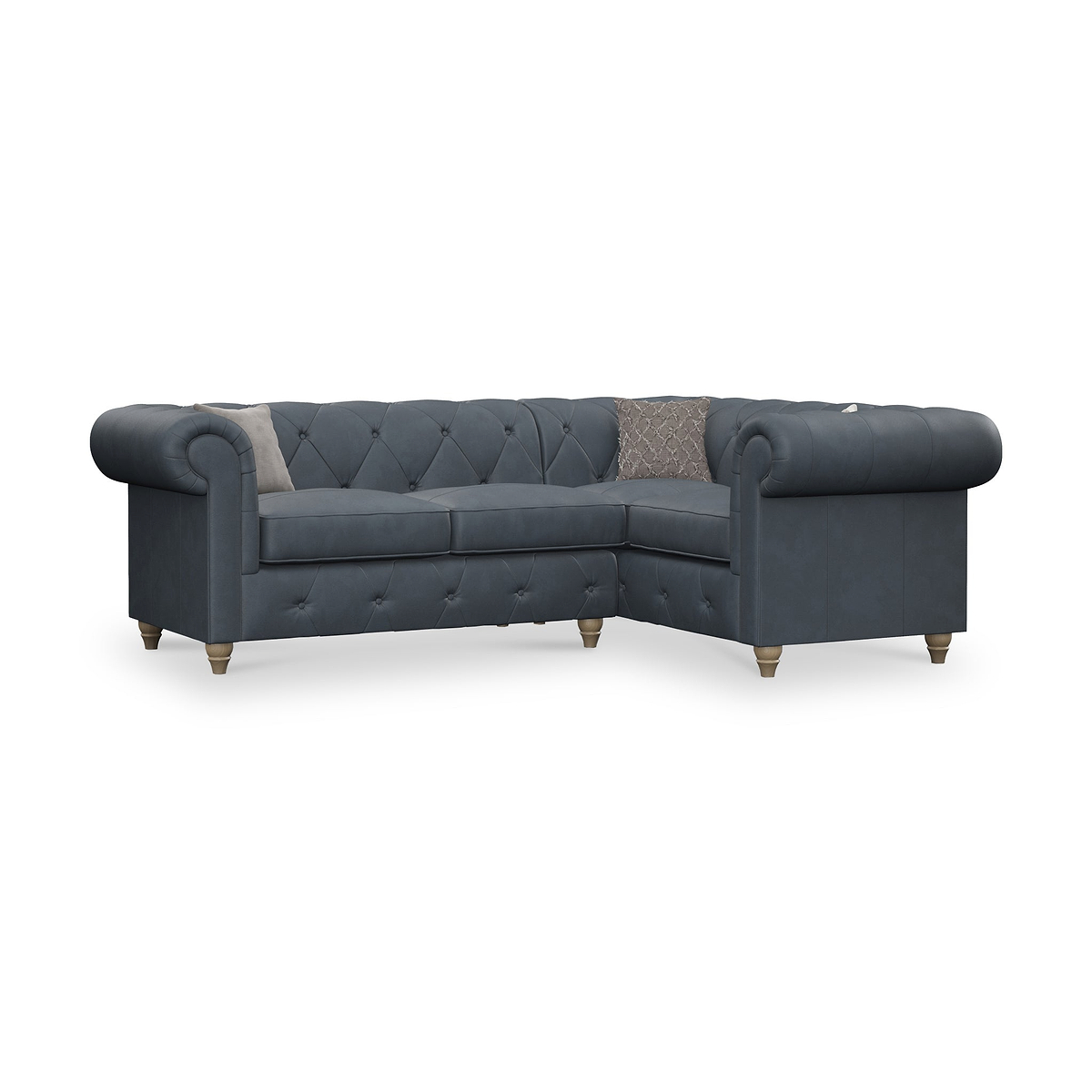 Everett RH Leather Corner Sofa Navy Walnut Feet from Roseland Furniture