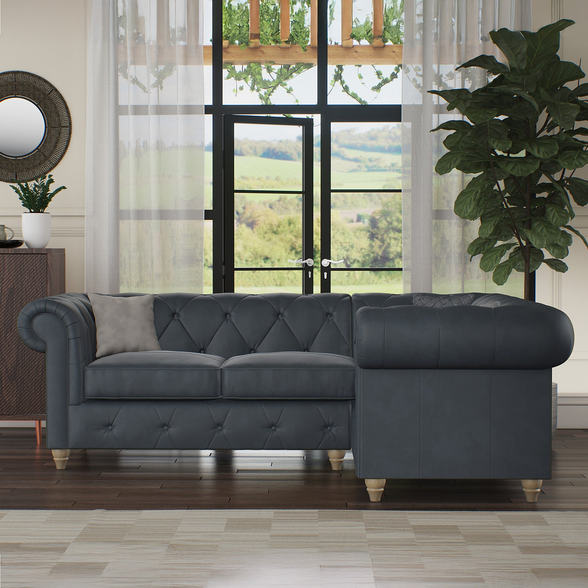 Everett RH Leather Corner Sofa Raven Walnut Feet from Roseland Furniture