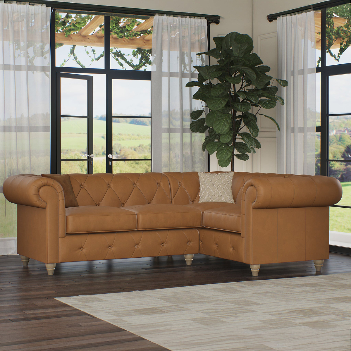 Everett RH Leather Corner Sofa Saddle Walnut Feet from Roseland Furniture