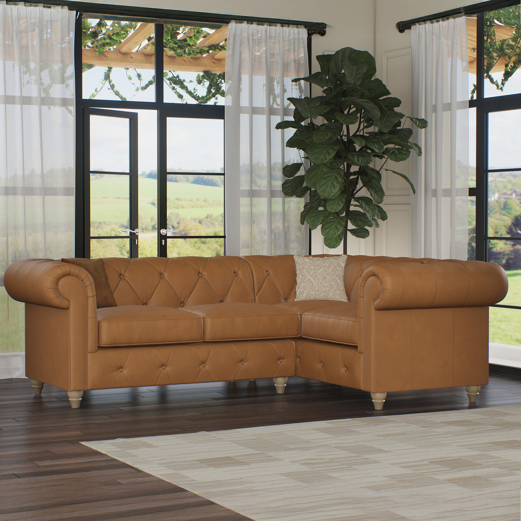 Everett RH Leather Corner Sofa Saddle Walnut Feet from Roseland Furniture