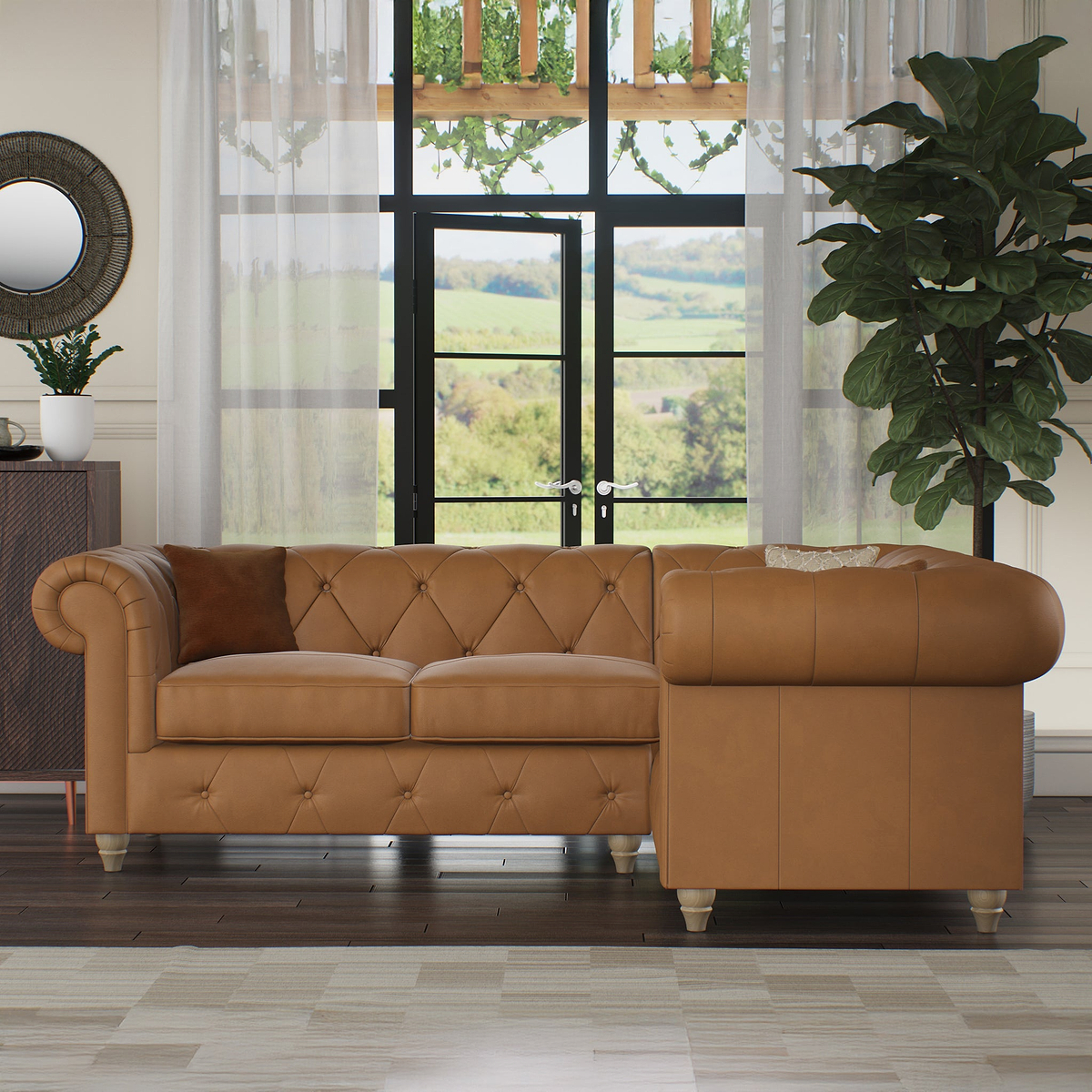 Everett RH Leather Corner Sofa Saddle Walnut Feet from Roseland Furniture