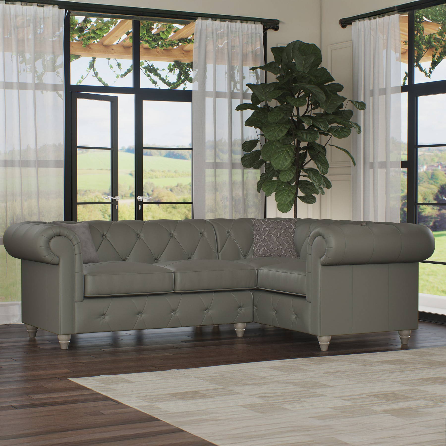 Everett RH Leather Corner Sofa Stone Grey Washed Feet from Roseland Furniture