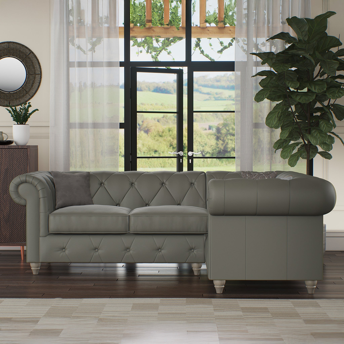 Everett RH Leather Corner Sofa Stone Grey Washed Feet from Roseland Furniture