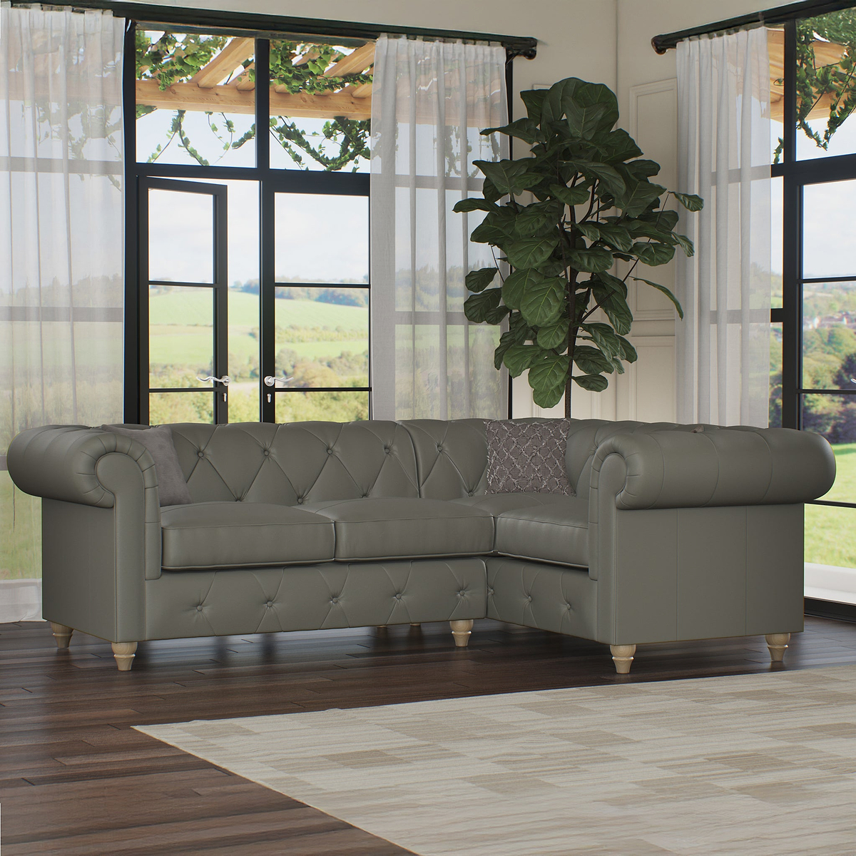 Everett RH Leather Corner Sofa Stone Grey Walnut Feet from Roseland Furniture