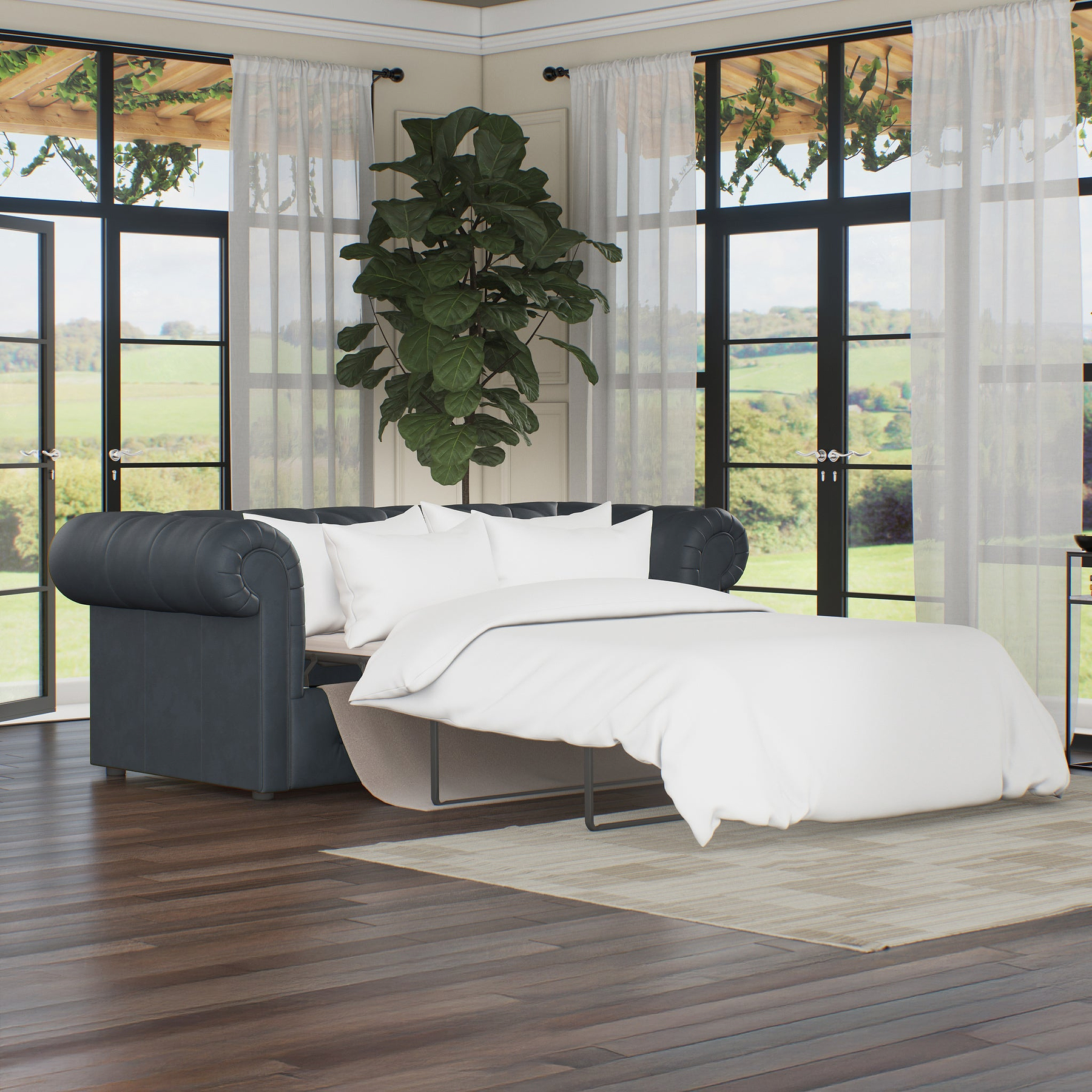 Everett Leather 3 Seater Sofa Bed Navy from Roseland Furniture