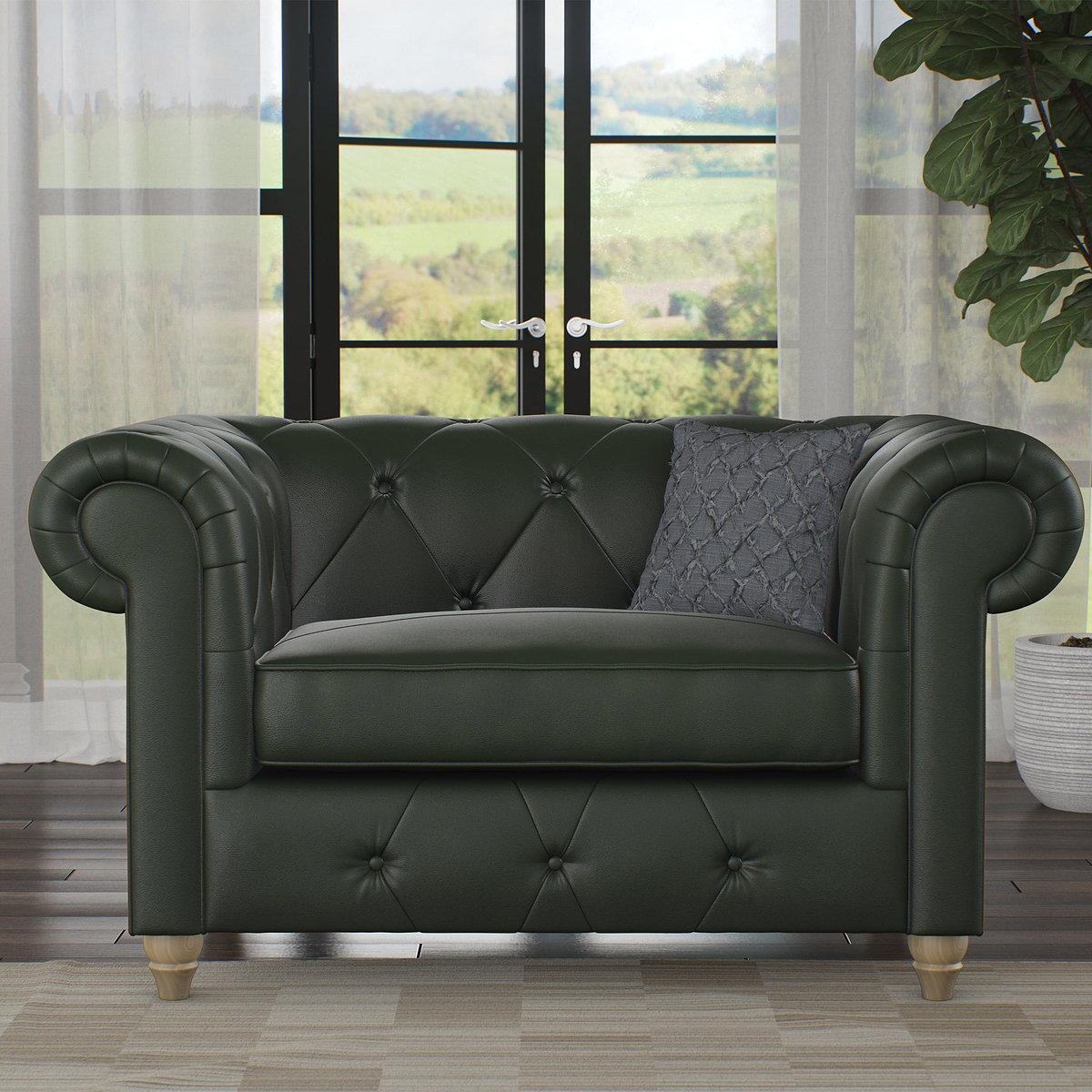 Everett Leather Snuggle Chair Green Walnut Feet from Roseland Furniture