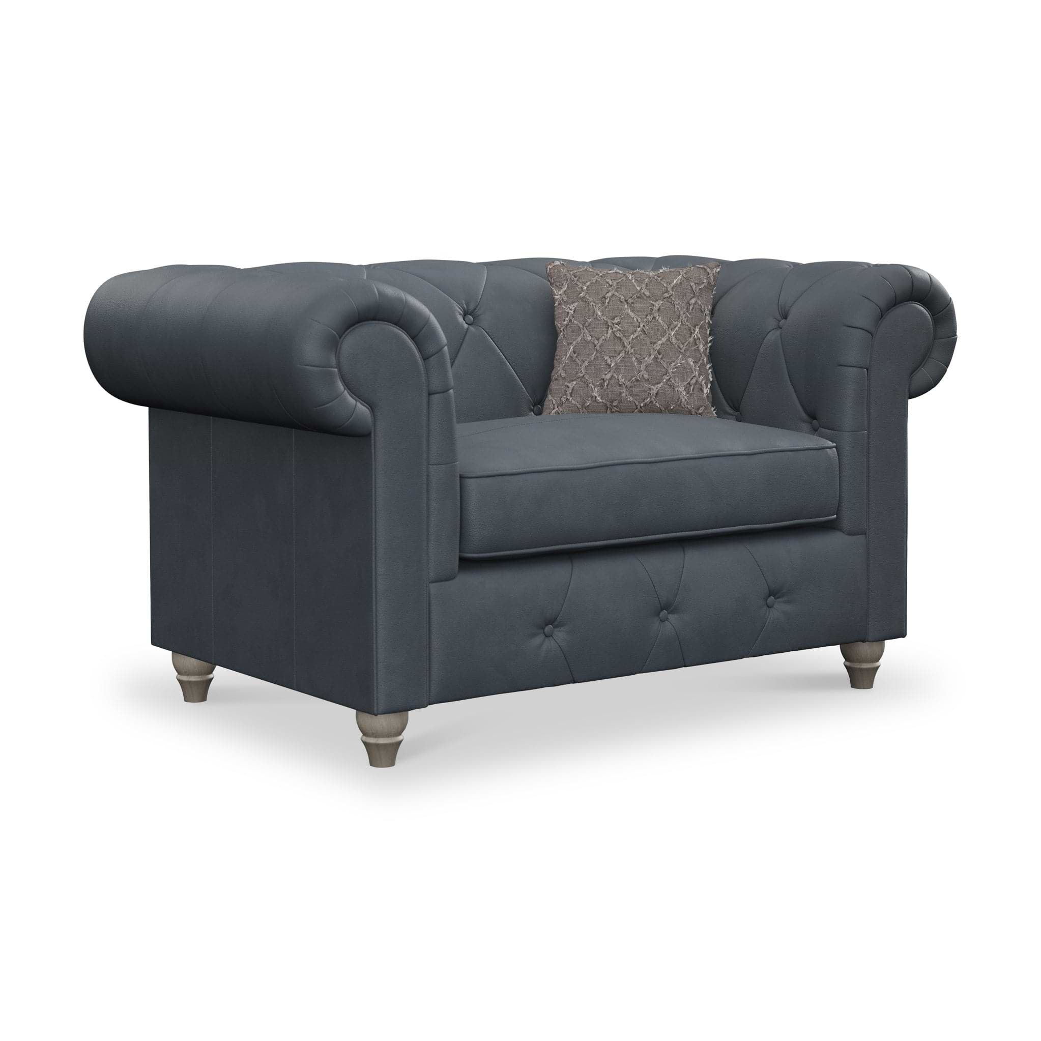 Everett Leather Snuggle Chair Navy Washed Feet from Roseland Furniture