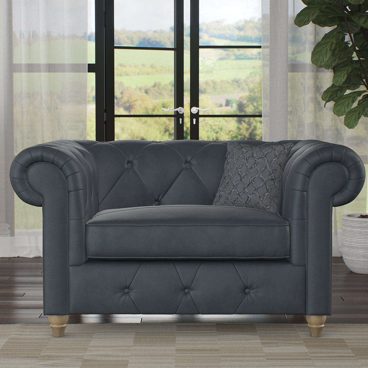 Everett Leather Snuggle Chair Navy Walnut Feet from Roseland Furniture