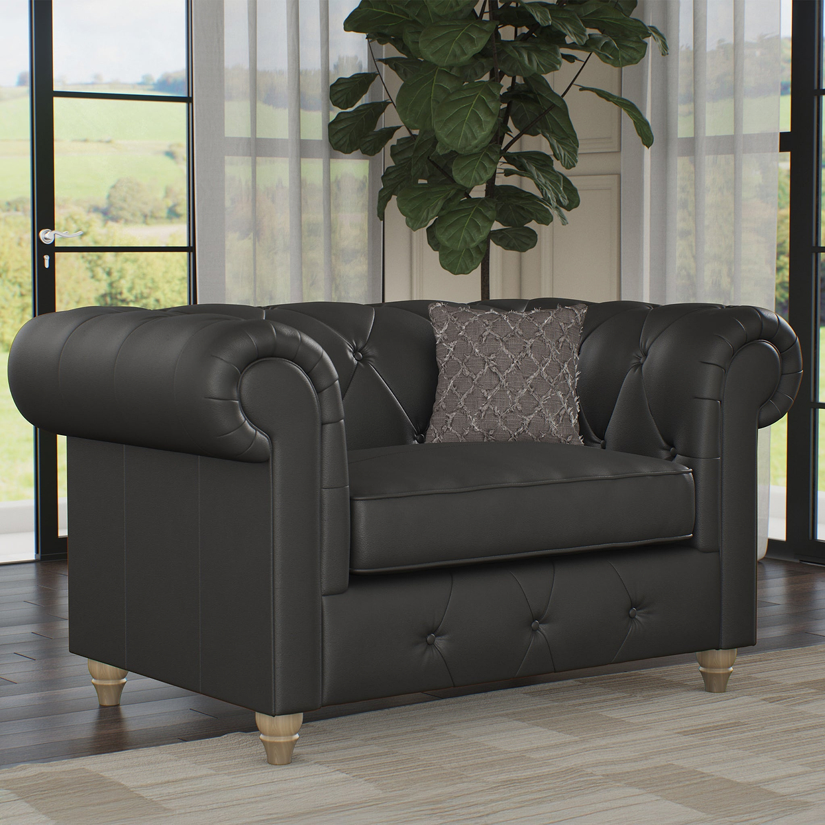 Everett Leather Snuggle Chair Raven Walnut Feet from Roseland Furniture