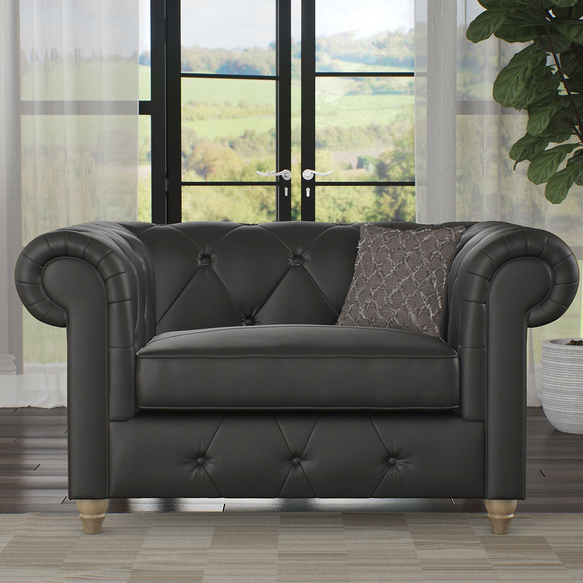 Everett Leather Snuggle Chair Raven Walnut Feet from Roseland Furniture
