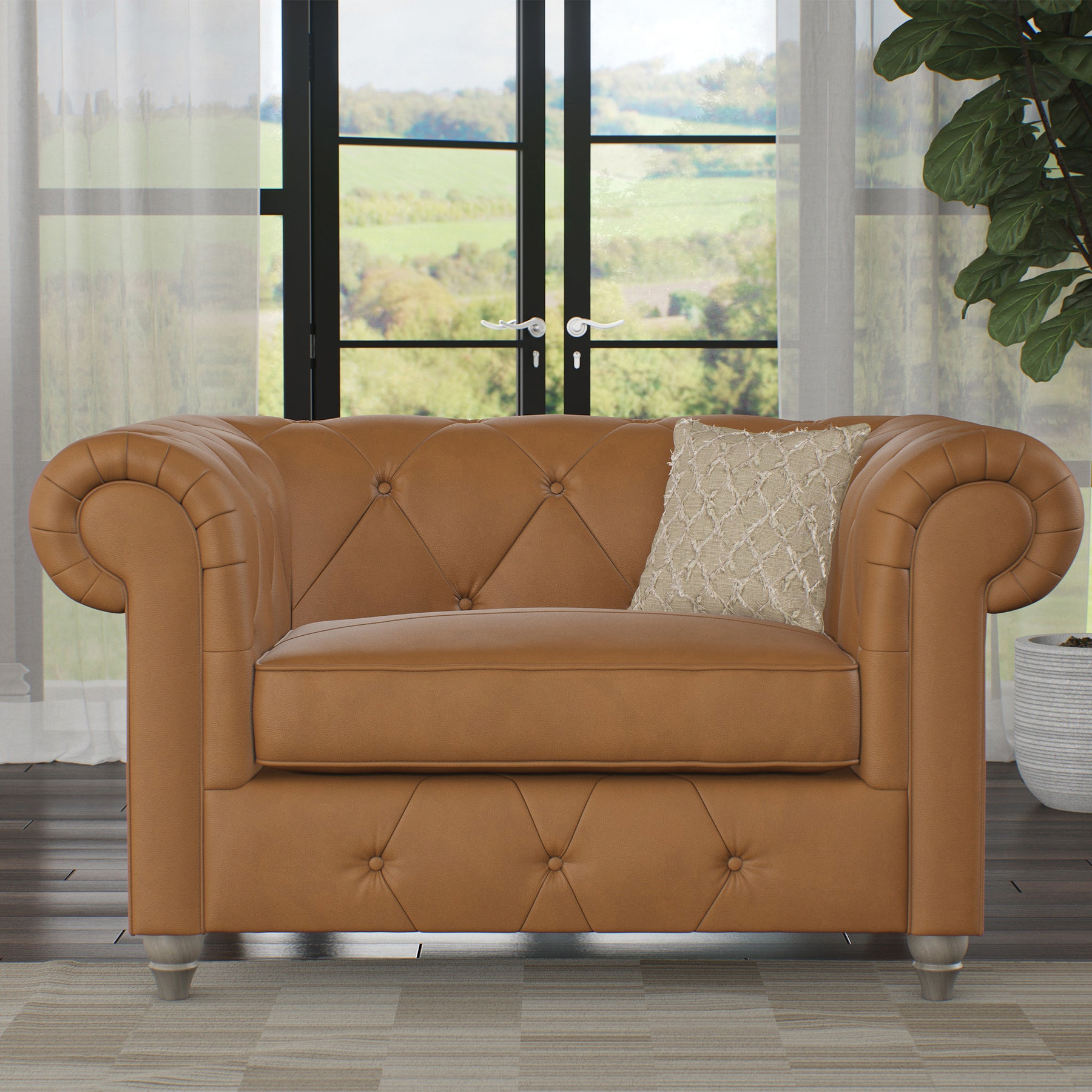Everett Leather Snuggle Chair Saddle Washed Feet from Roseland Furniture