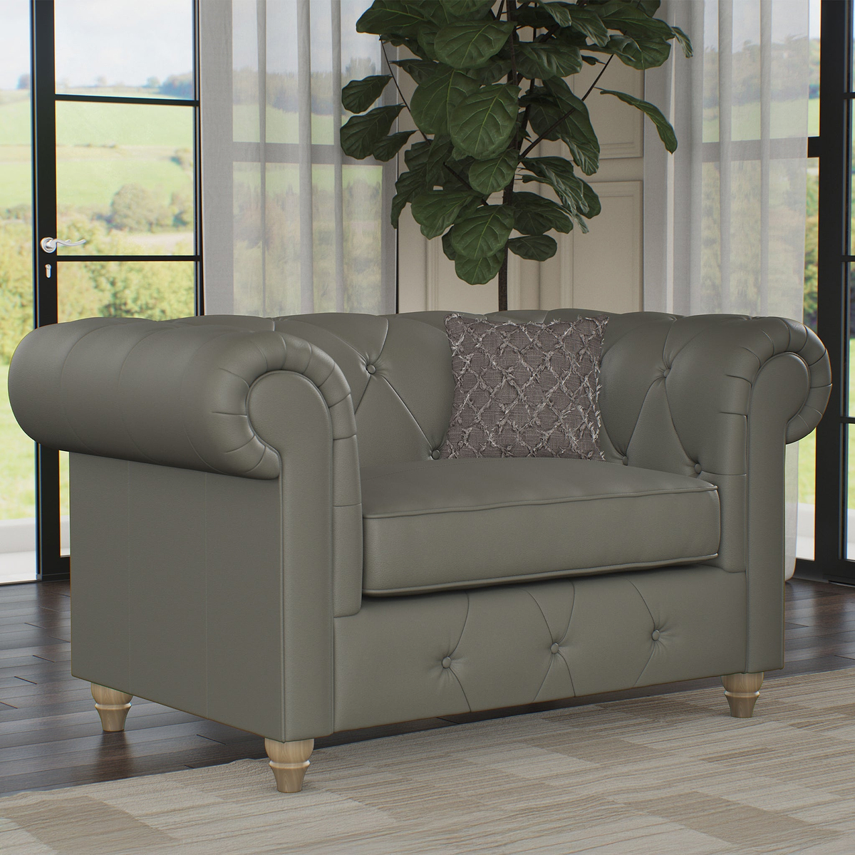 Everett Leather Snuggle Chair Stone Grey Walnut Feet from Roseland Furniture