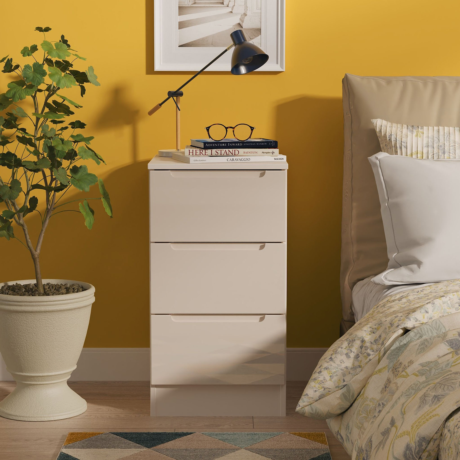 Henshaw Cashmere Cream 3 Drawer Bedside Table from Roseland Furniture