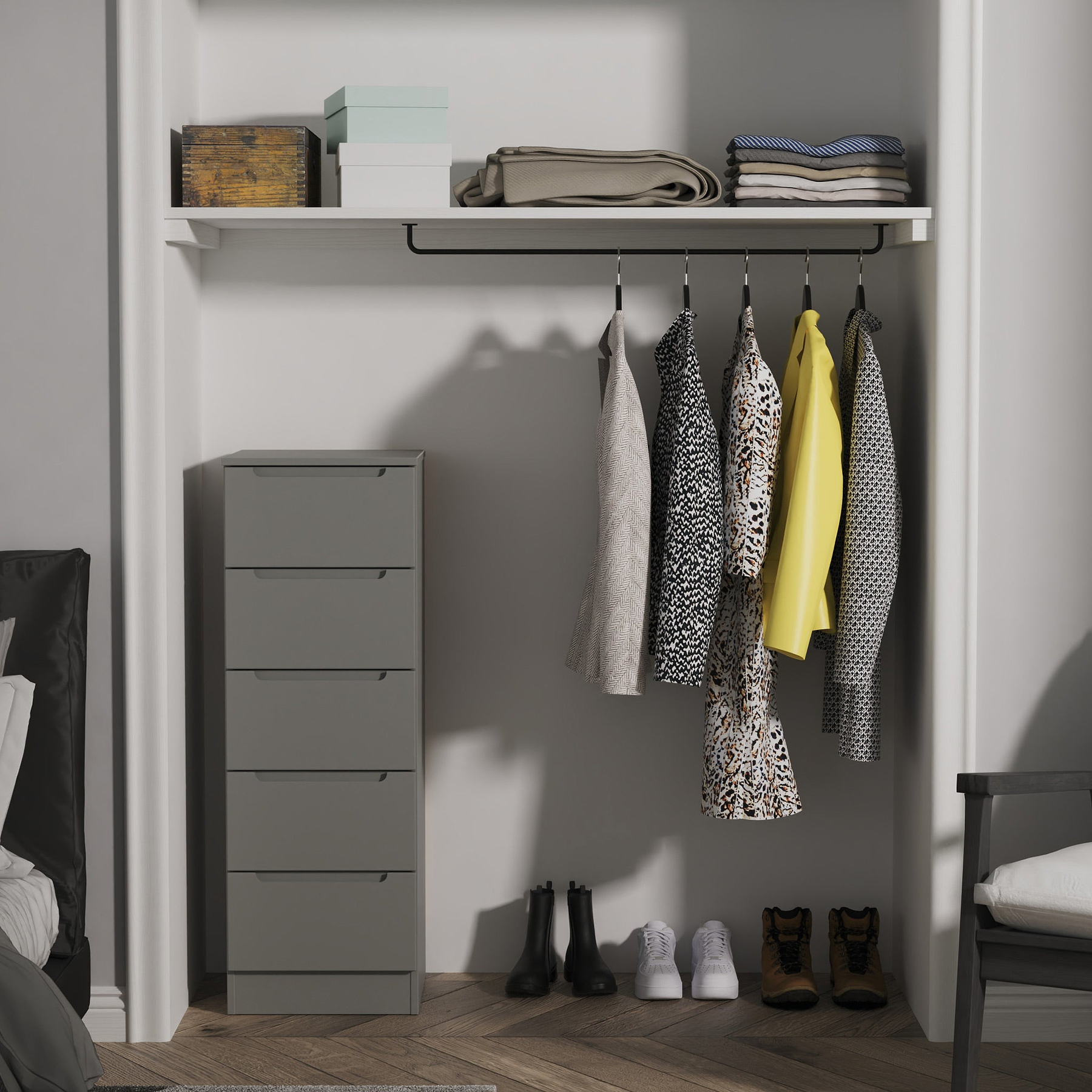 Henshaw 5 Drawer Tall Boy Bedside Table Dusk Grey from Roseland Furniture