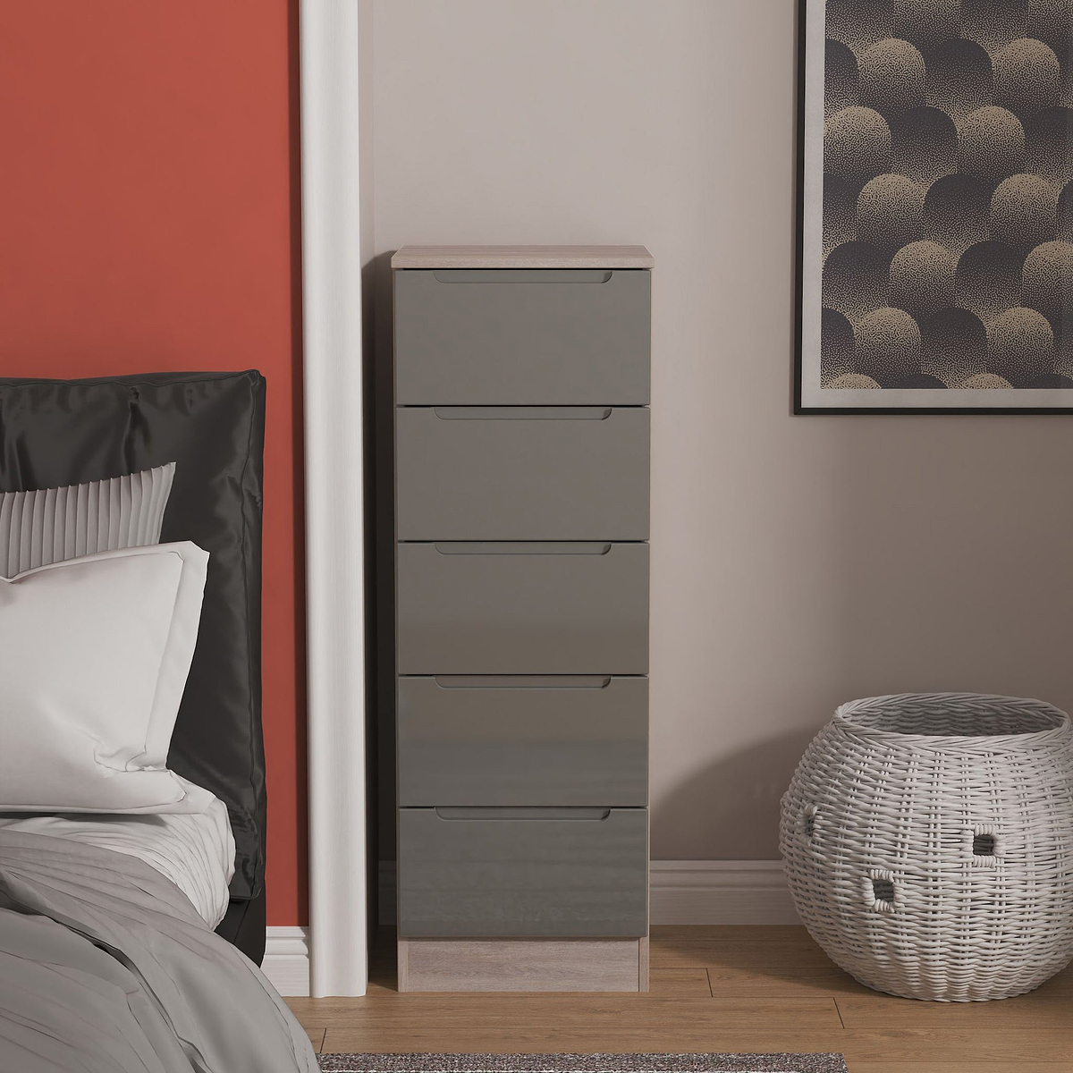 Henshaw Grey Oak 5 Drawer Tall Boy Chest from Roseland Furniture