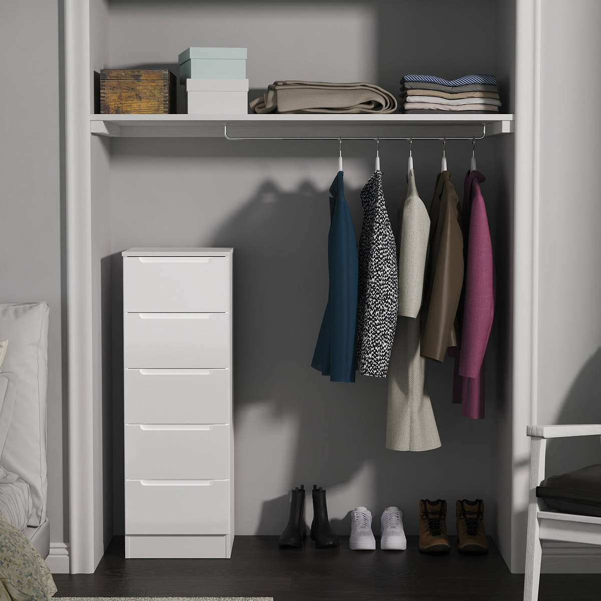 Henshaw 5 Drawer Tall Boy Bedside Table White from Roseland Furniture