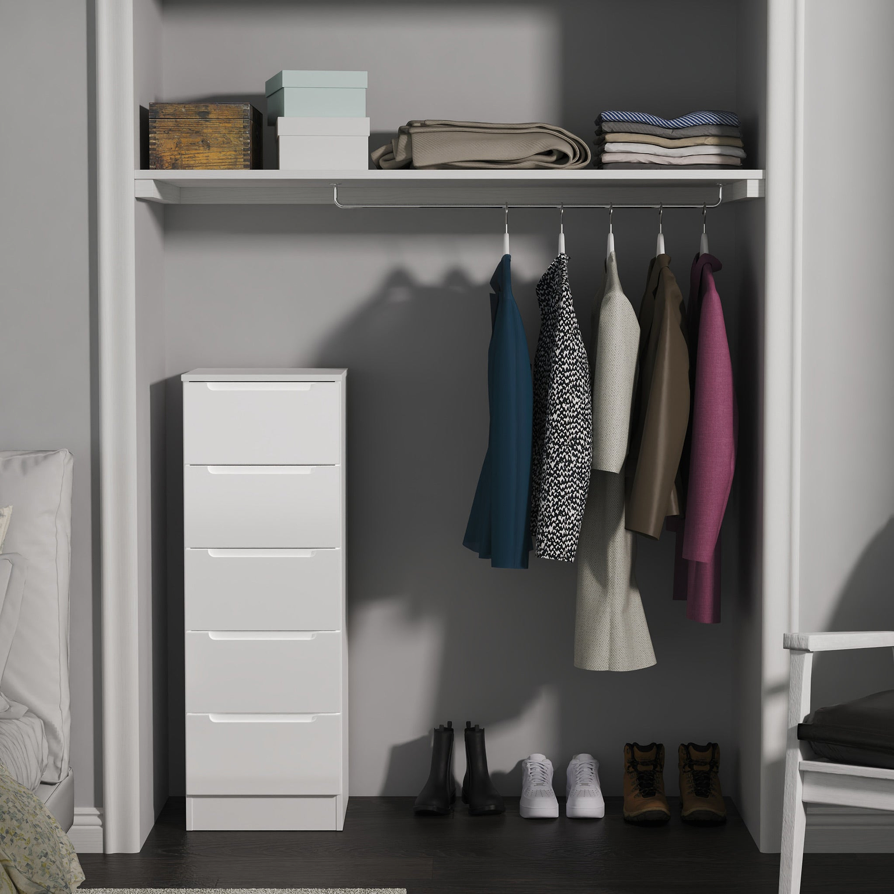 Henshaw 5 Drawer Tall Boy Bedside Table White from Roseland Furniture