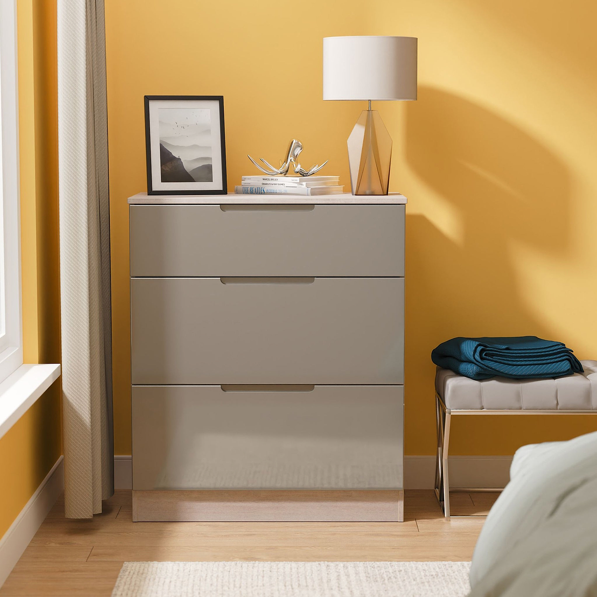 Henshaw Grey Oak 3 Drawer Deep Chest from Roseland Furniture