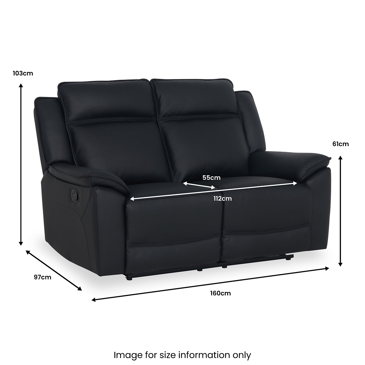Alden Black Leather Recliner 2 Seater Sofa dimensions