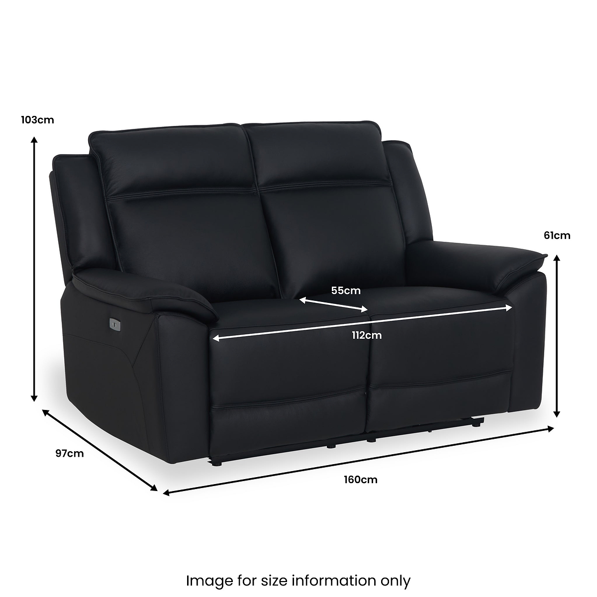 Alden Black Power Leather Recliner 2 Seater Sofa dimensions