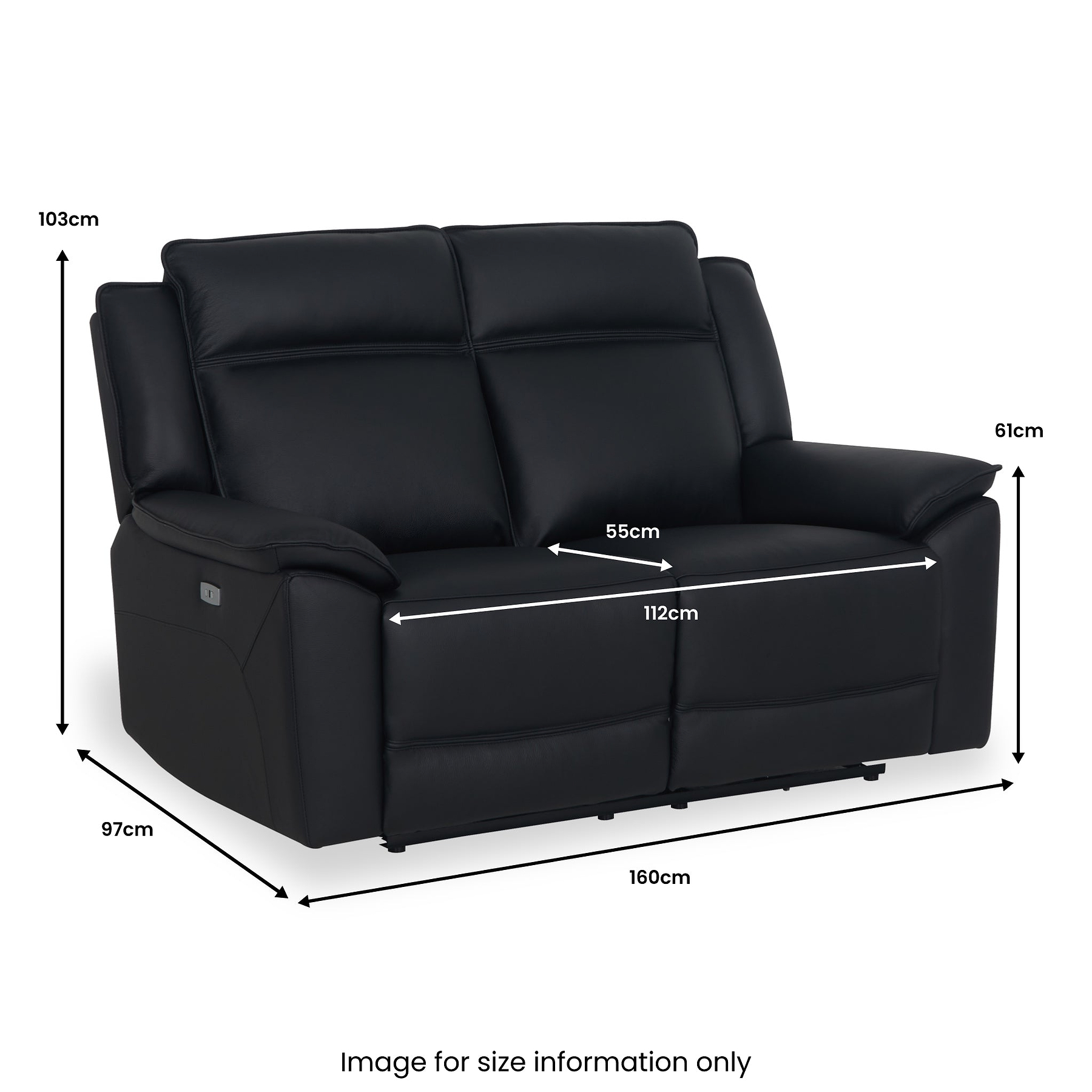 Alden Black Power Leather Recliner 2 Seater Sofa dimensions