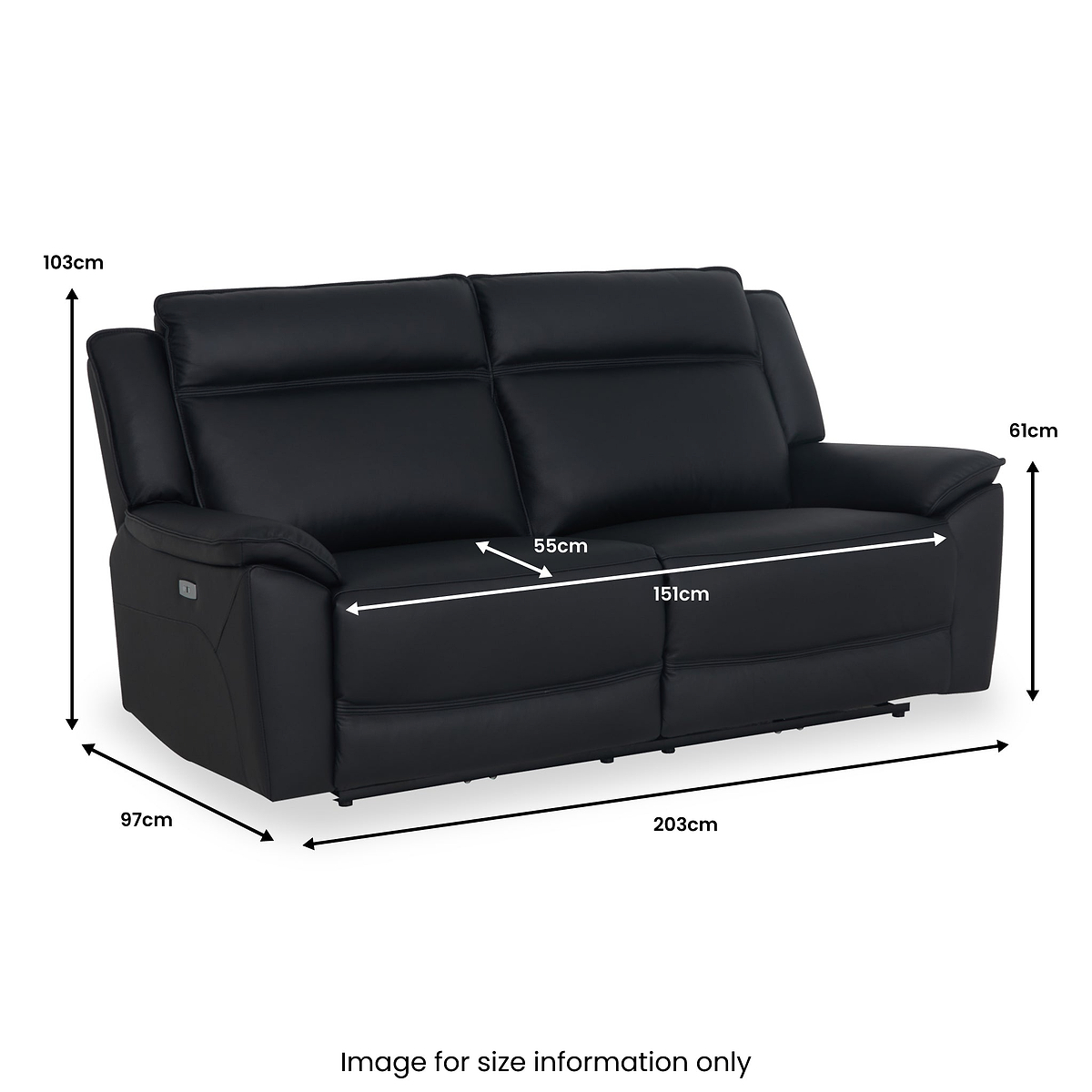 Alden Black Power Leather Recliner 3 Seater Sofa dimensions