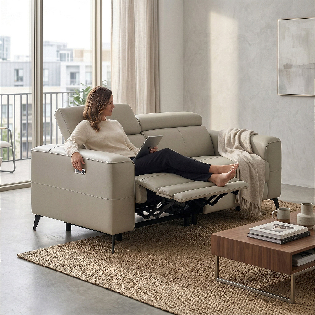 Radford Frost Grey Leather Dual Power Recliner 2 Seater Sofa