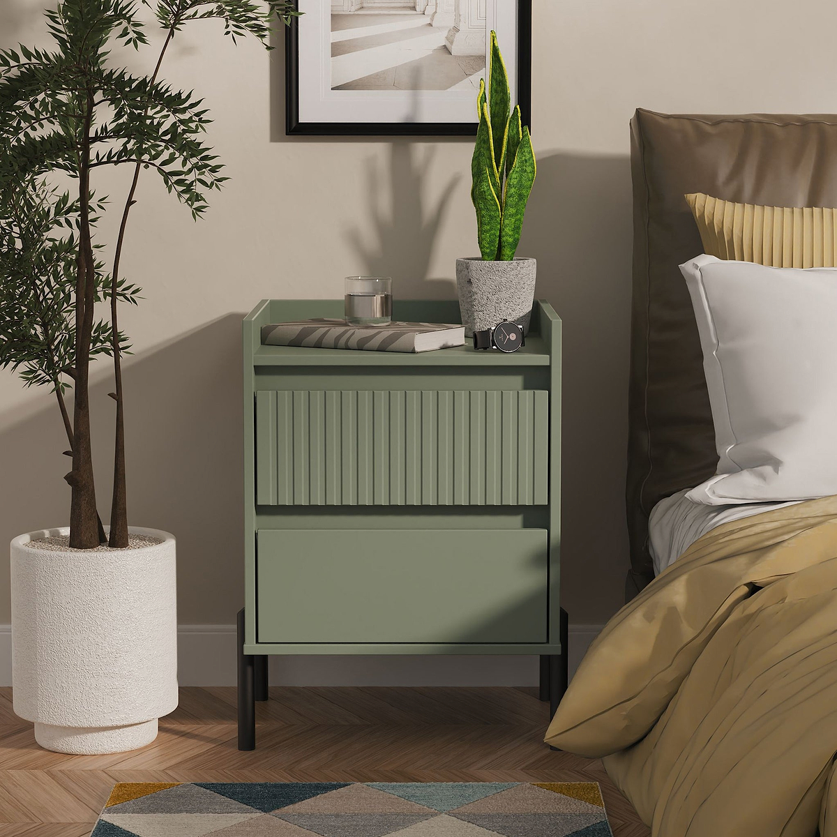 Kenton 2 Drawer Bedside Reed Green from Roseland Furniture