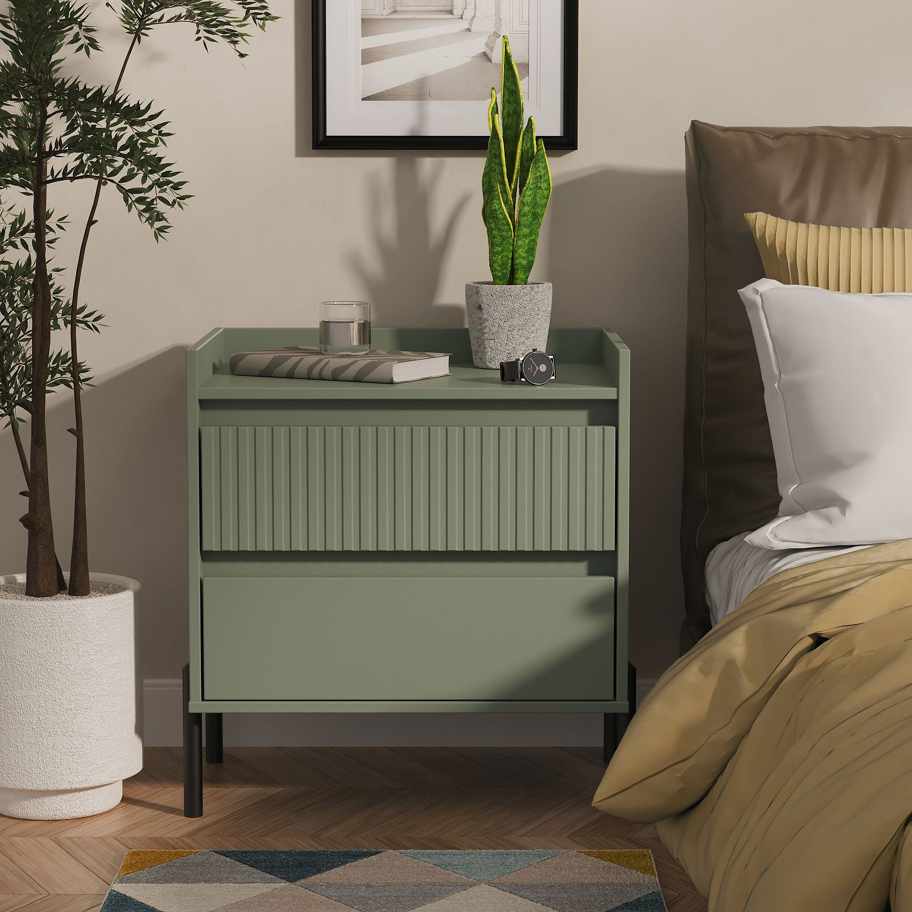 Kenton 2 Drawer Wide Bedside Reed Green from Roseland Furniture