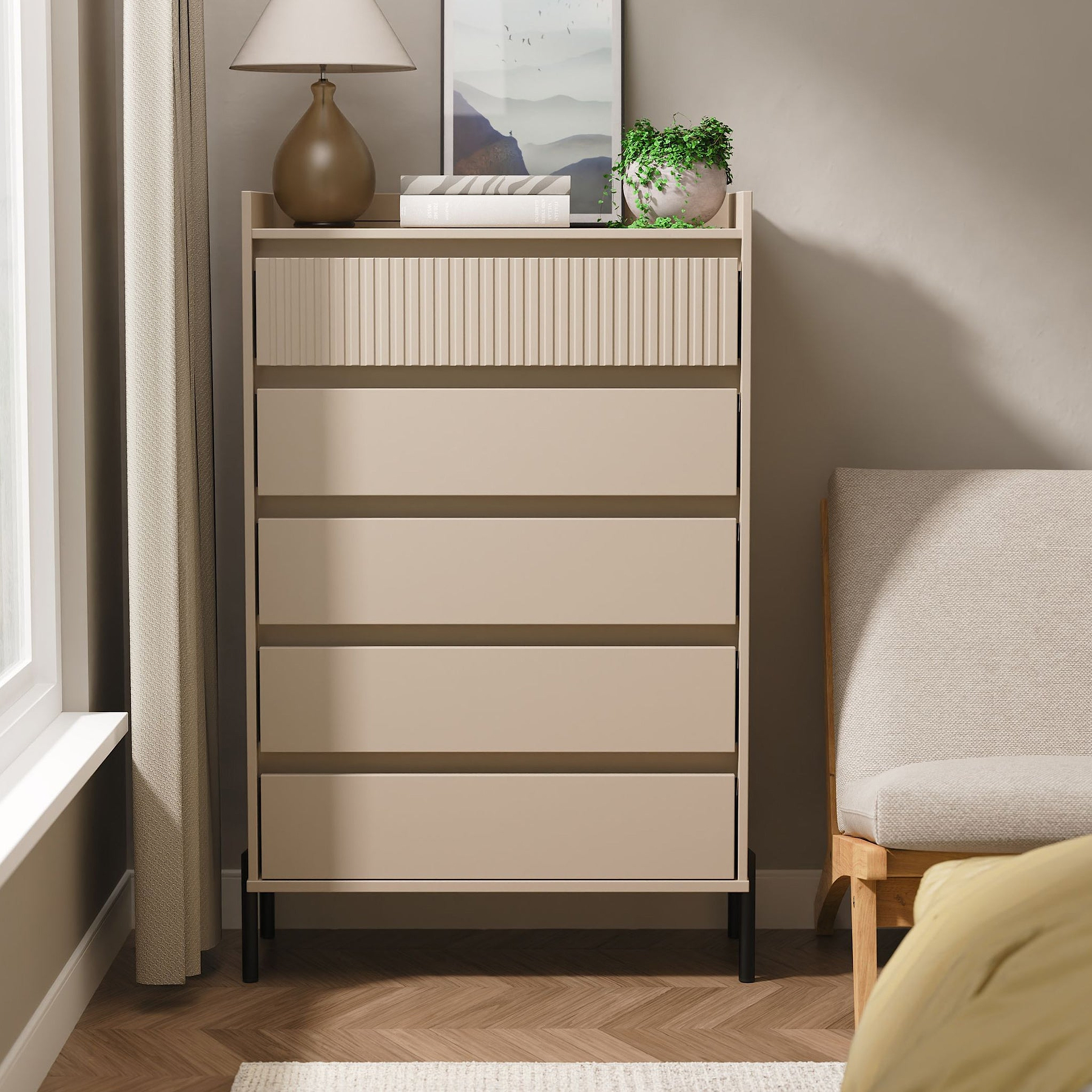 Kenton 5 Drawer Chest Mushroom Matt from Roseland Furniture